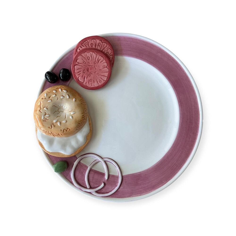 Vintage LARGE 3D Bagel Lox Plate, Kitsch Novelty Ceramic  Platter, Decor